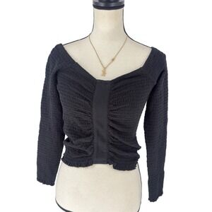 BP Smocked Off Shoulder Long Sleeve Ruched‎ Black Top